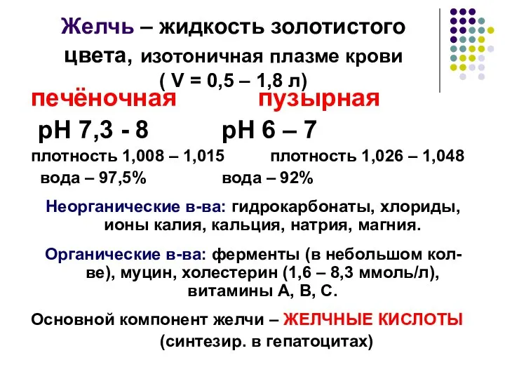 Желчь – жидкость золотистого цвета, изотоничная плазме крови ( V =