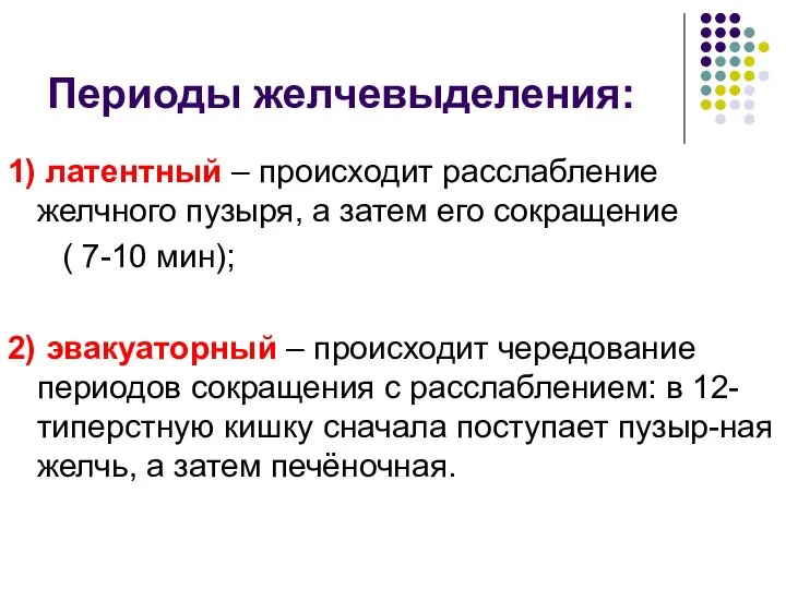 Периоды желчевыделения: 1) латентный – происходит расслабление желчного пузыря, а затем