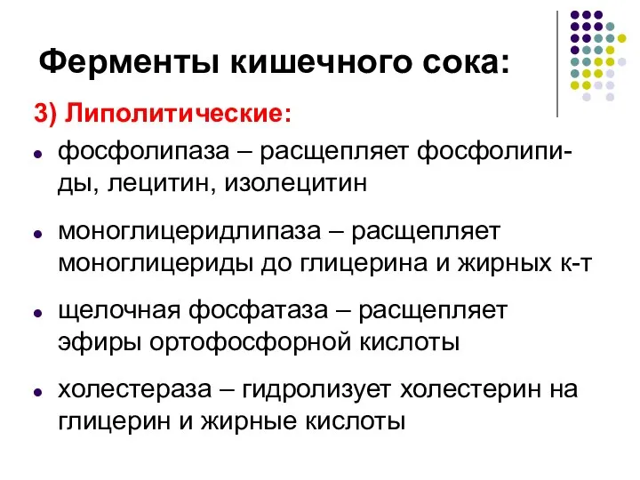 Ферменты кишечного сока: 3) Липолитические: фосфолипаза – расщепляет фосфолипи-ды, лецитин, изолецитин