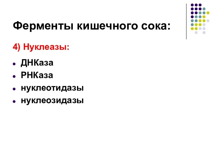 Ферменты кишечного сока: 4) Нуклеазы: ДНКаза РНКаза нуклеотидазы нуклеозидазы