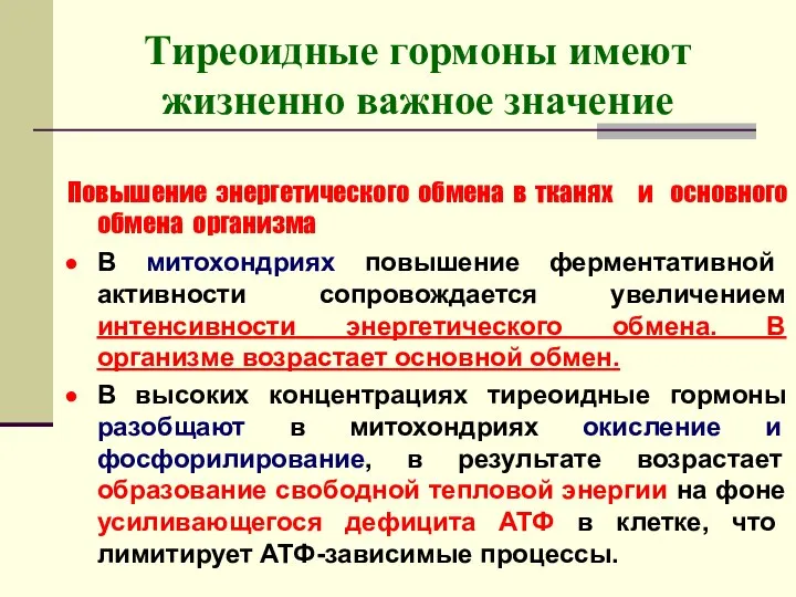 Тиреоидные гормоны имеют жизненно важное значение Повышение энергетического обмена в тканях