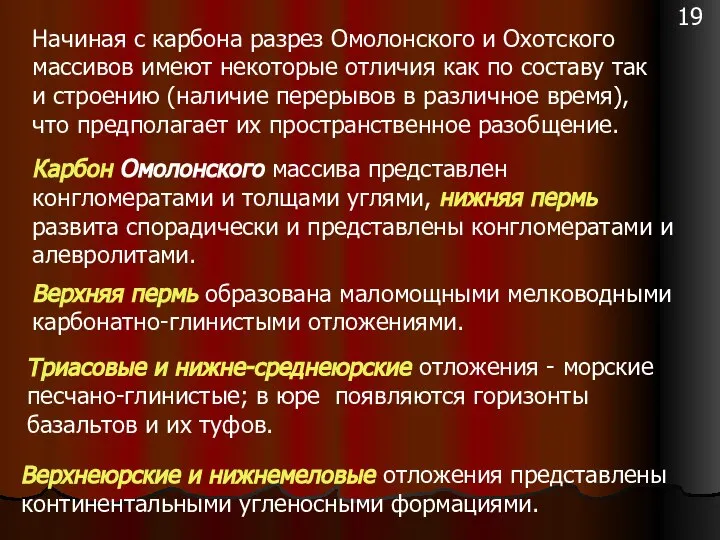 Начиная с карбона разрез Омолонского и Охотского массивов имеют некоторые отличия