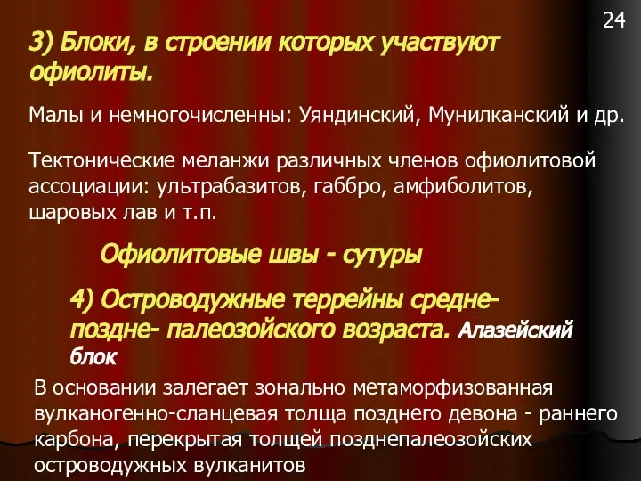 3) Блоки, в строении которых участвуют офиолиты. Малы и немногочисленны: Уяндинский,