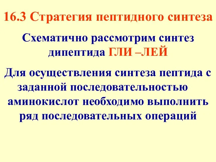 16.3 Стратегия пептидного синтеза Схематично рассмотрим синтез дипептида ГЛИ –ЛЕЙ Для