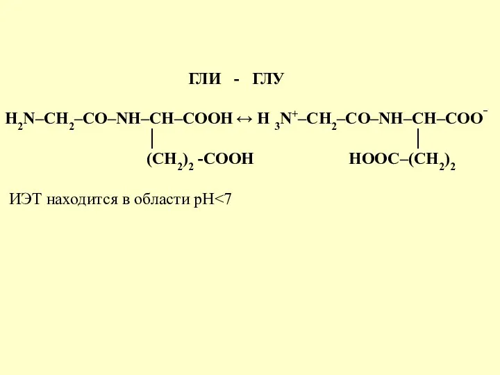 ГЛИ - ГЛУ H2N–CH2–CО–NH–CH–COOH ↔ H 3N+–CH2–CО–NH–CH–COO‾ │ │ (CH2)2 -СООН