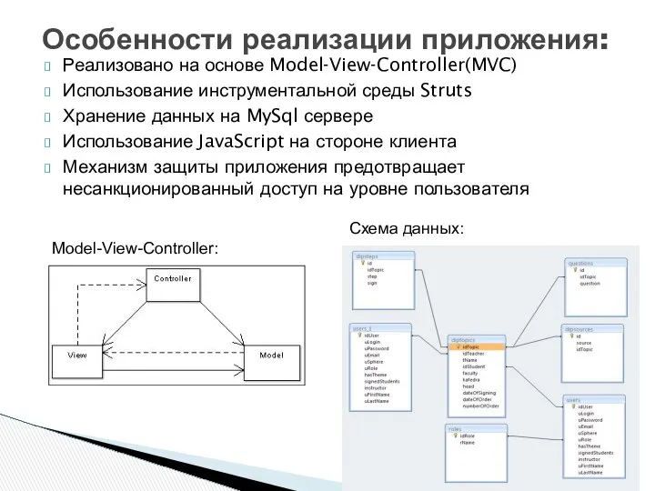 Особенности реализации приложения: Реализовано на основе Model-View-Controller(MVC) Использование инструментальной среды Struts