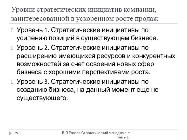 Уровни стратегических инициатив компании, заинтересованной в ускоренном росте продаж Уровень 1.