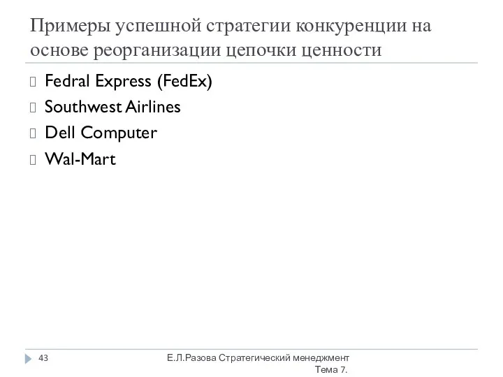 Примеры успешной стратегии конкуренции на основе реорганизации цепочки ценности Fedral Express