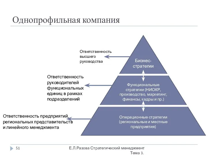 Однопрофильная компания Бизнес-стратегии Функциональные стратегии (НИОКР, производство, маркетинг, финансы, кадры и