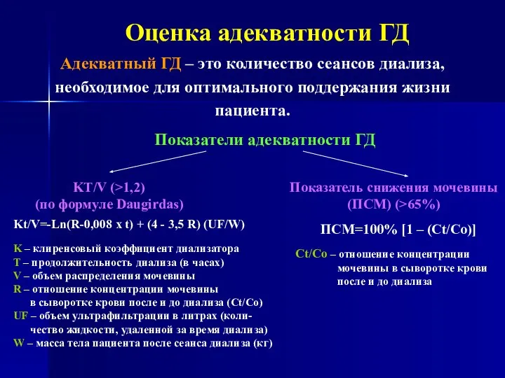 Оценка адекватности ГД Адекватный ГД – это количество сеансов диализа, необходимое