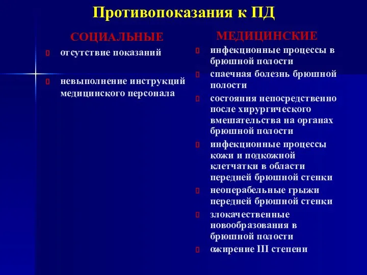 Противопоказания к ПД СОЦИАЛЬНЫЕ отсутствие показаний невыполнение инструкций медицинского персонала МЕДИЦИНСКИЕ