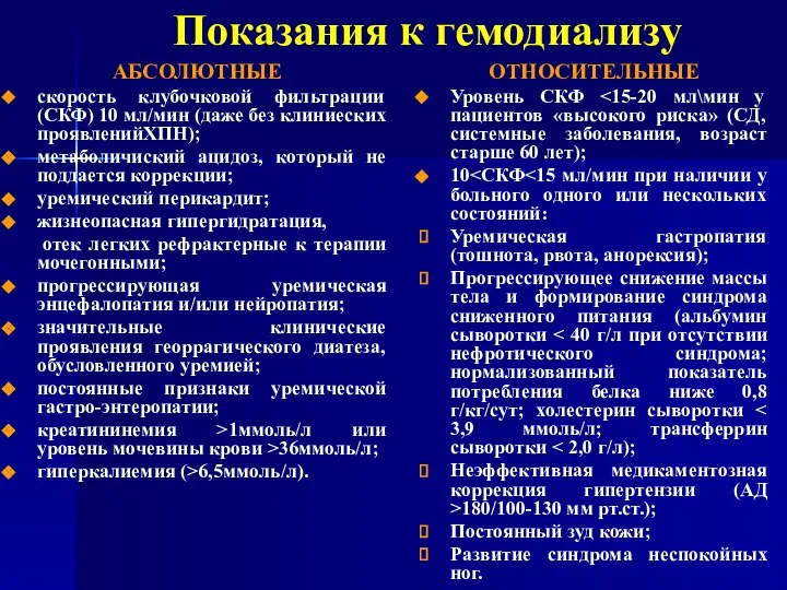 Показания к гемодиализу АБСОЛЮТНЫЕ скорость клубочковой фильтрации (СКФ) 10 мл/мин (даже