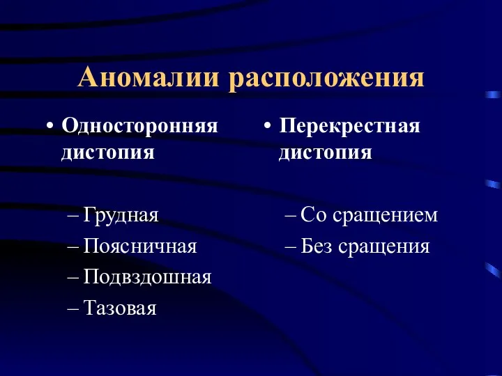 Аномалии расположения Односторонняя дистопия Грудная Поясничная Подвздошная Тазовая Перекрестная дистопия Со сращением Без сращения