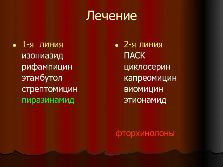 Лечение 1-я линия изониазид рифампицин этамбутол стрептомицин пиразинамид 2-я линия ПАСК циклосерин капреомицин виомицин этионамид фторхинолоны