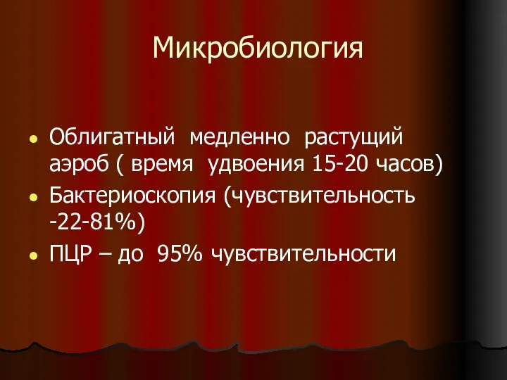 Микробиология Облигатный медленно растущий аэроб ( время удвоения 15-20 часов) Бактериоскопия