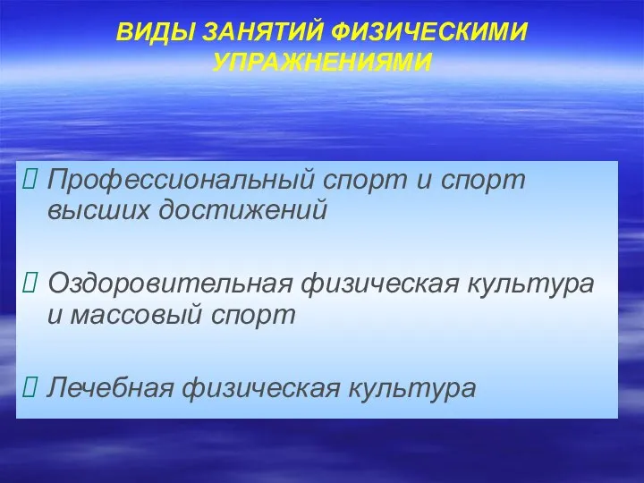 ВИДЫ ЗАНЯТИЙ ФИЗИЧЕСКИМИ УПРАЖНЕНИЯМИ Профессиональный спорт и спорт высших достижений Оздоровительная