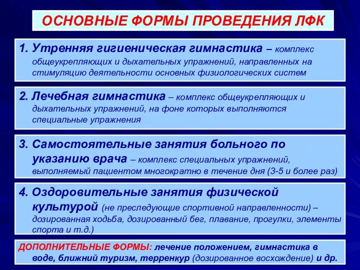 ОСНОВНЫЕ ФОРМЫ ПРОВЕДЕНИЯ ЛФК 1. Утренняя гигиеническая гимнастика – комплекс общеукрепляющих