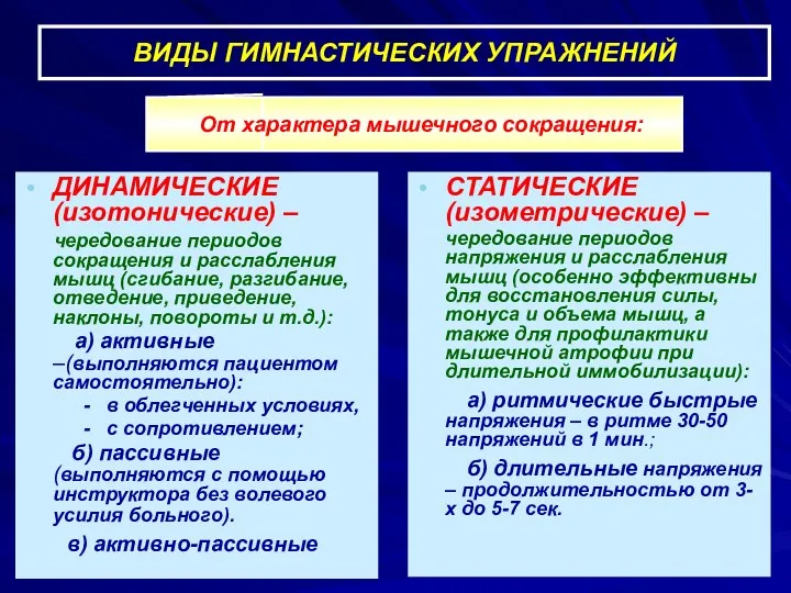 ВИДЫ ГИМНАСТИЧЕСКИХ УПРАЖНЕНИЙ ДИНАМИЧЕСКИЕ (изотонические) – чередование периодов сокращения и расслабления