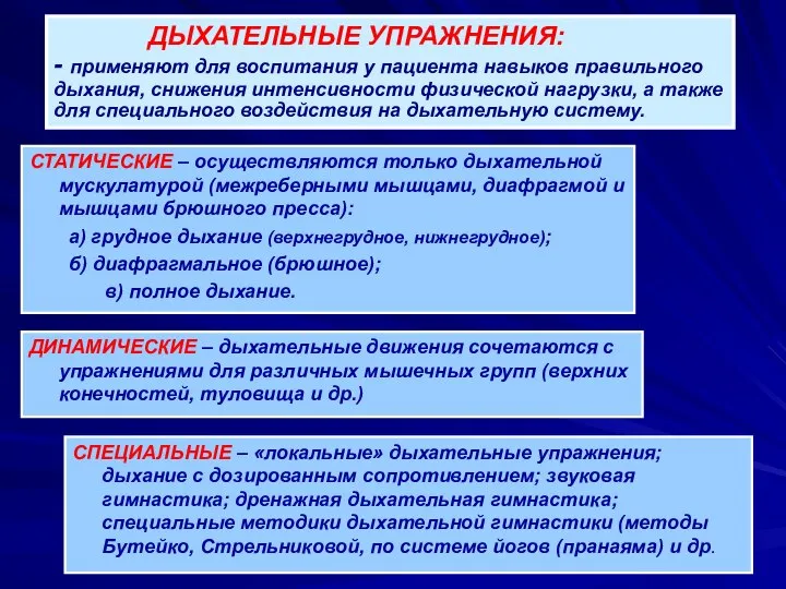 ДЫХАТЕЛЬНЫЕ УПРАЖНЕНИЯ: - применяют для воспитания у пациента навыков правильного дыхания,