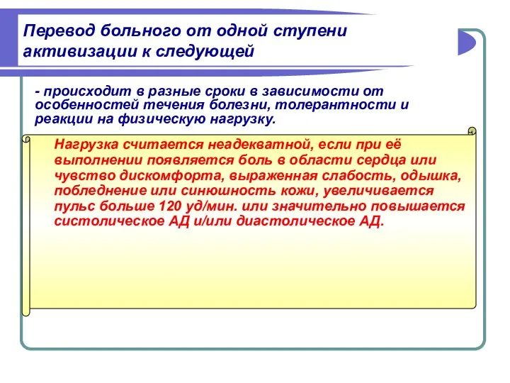 Перевод больного от одной ступени активизации к следующей Нагрузка считается неадекватной,