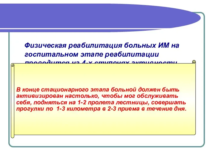 Физическая реабилитация больных ИМ на госпитальном этапе реабилитации проводится на 4-х