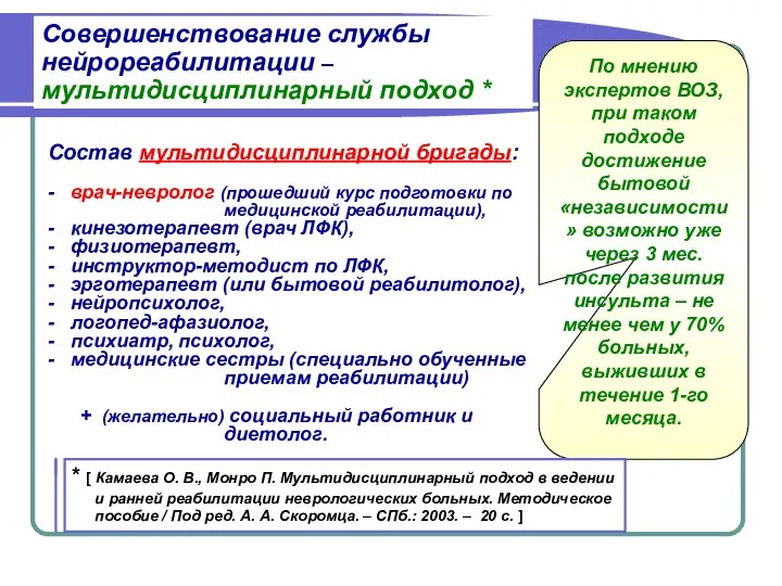 Совершенствование службы нейрореабилитации –мультидисциплинарный подход * По мнению экспертов ВОЗ, при