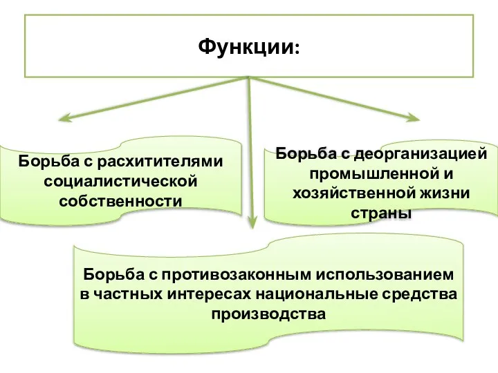 Функции: Борьба с расхитителями социалистической собственности Борьба с противозаконным использованием в