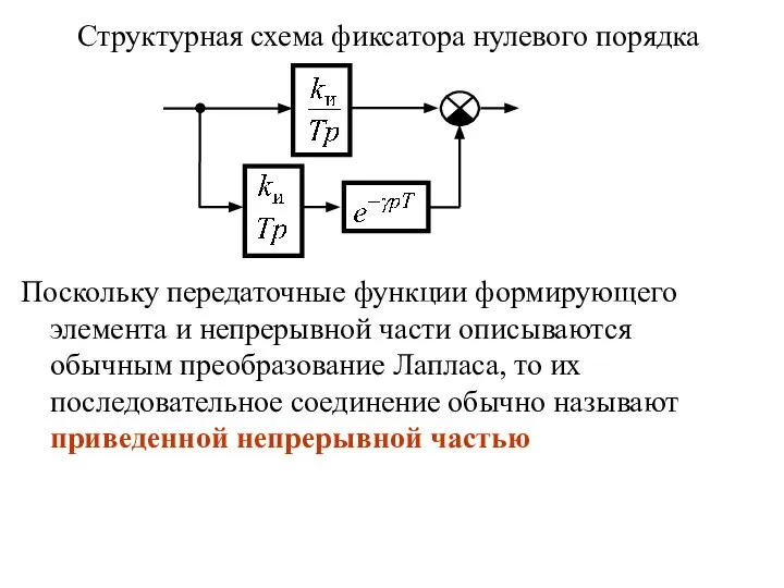 Структурная схема фиксатора нулевого порядка Поскольку передаточные функции формирующего элемента и