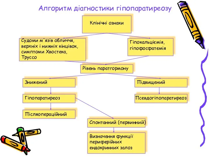 Алгоритм діагностики гіпопаратиреозу Клінічні ознаки Судоми м'язів обличчя, верхніх і нижніх