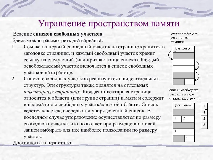 Управление пространством памяти Ведение списков свободных участков. Здесь можно рассмотреть два