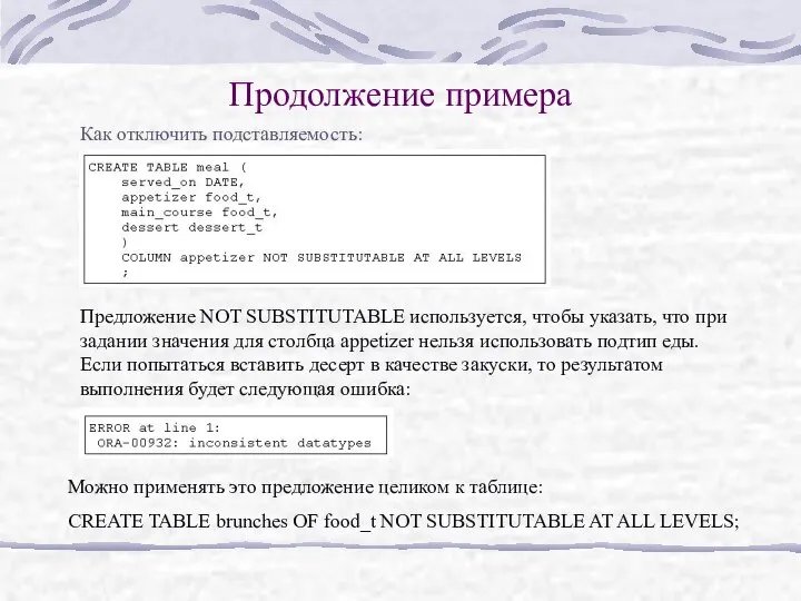 Продолжение примера Предложение NOT SUBSTITUTABLE используется, чтобы указать, что при задании