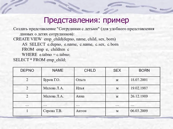 Представления: пример Создать представление "Сотрудники с детьми" (для удобного представления данных