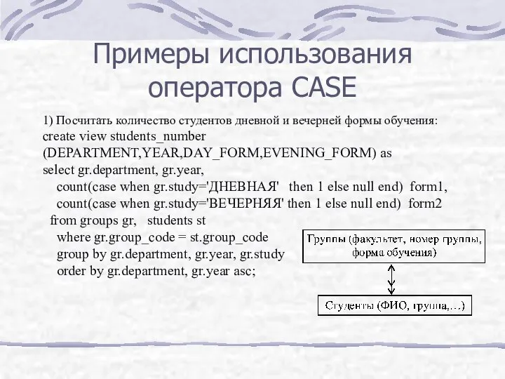 Примеры использования оператора CASE 1) Посчитать количество студентов дневной и вечерней