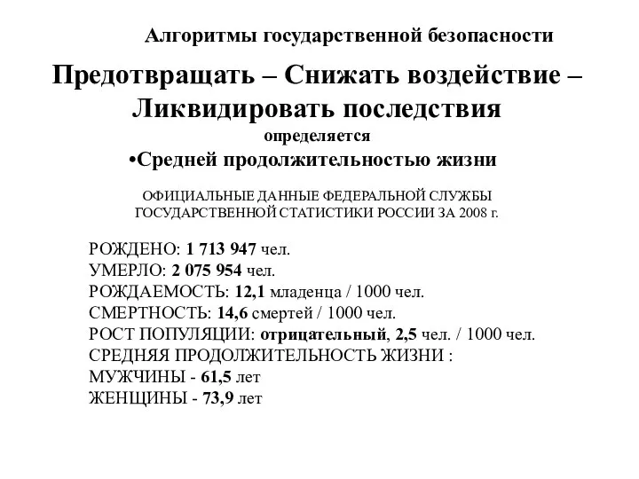 Алгоритмы государственной безопасности Предотвращать – Снижать воздействие – Ликвидировать последствия определяется