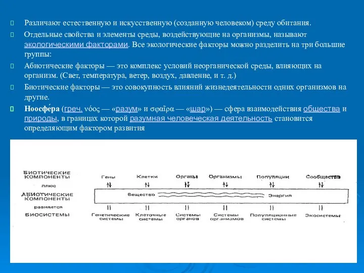 Различают естественную и искусственную (созданную человеком) среду обитания. Отдельные свойства и