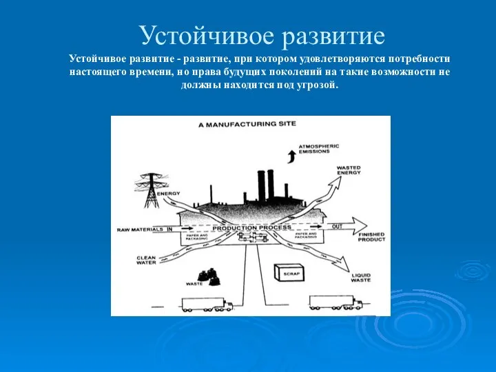 Устойчивое развитие Устойчивое развитие - развитие, при котором удовлетворяются потребности настоящего