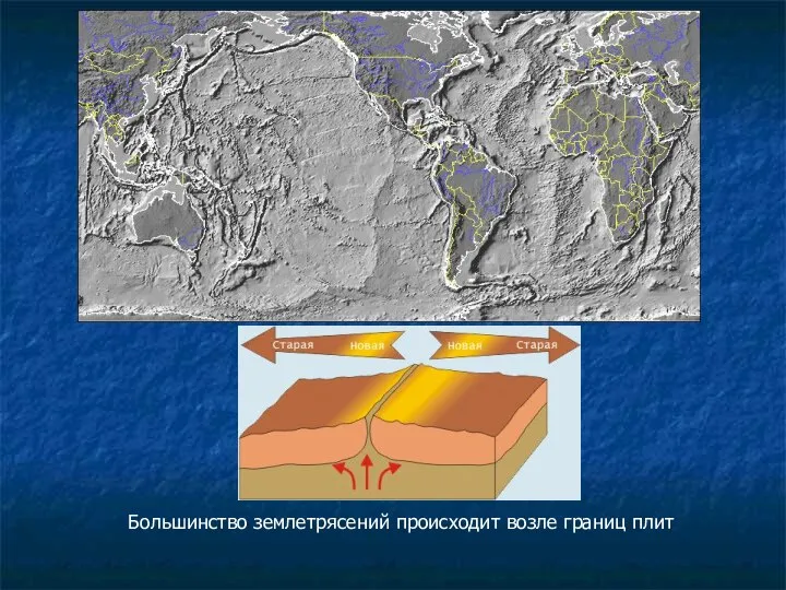 Большинство землетрясений происходит возле границ плит