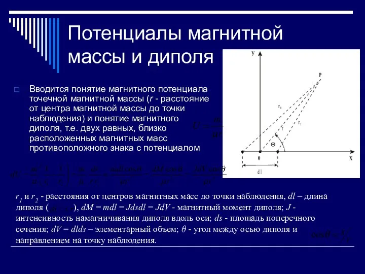 Потенциалы магнитной массы и диполя Вводится понятие магнитного потенциала точечной магнитной