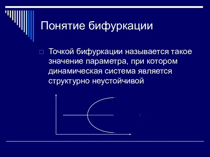 Понятие бифуркации Точкой бифуркации называется такое значение параметра, при котором динамическая система является структурно неустойчивой