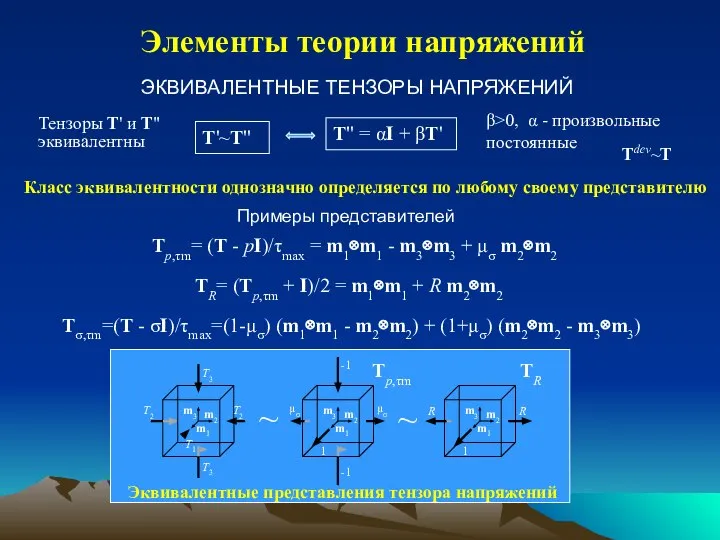 Элементы теории напряжений ЭКВИВАЛЕНТНЫЕ ТЕНЗОРЫ НАПРЯЖЕНИЙ Примеры представителей Tdev~T Класс эквивалентности