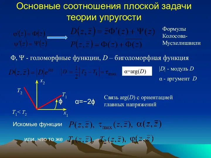 Основные соотношения плоской задачи теории упругости Формулы Колосова-Мусхелишвили Φ, Ψ -