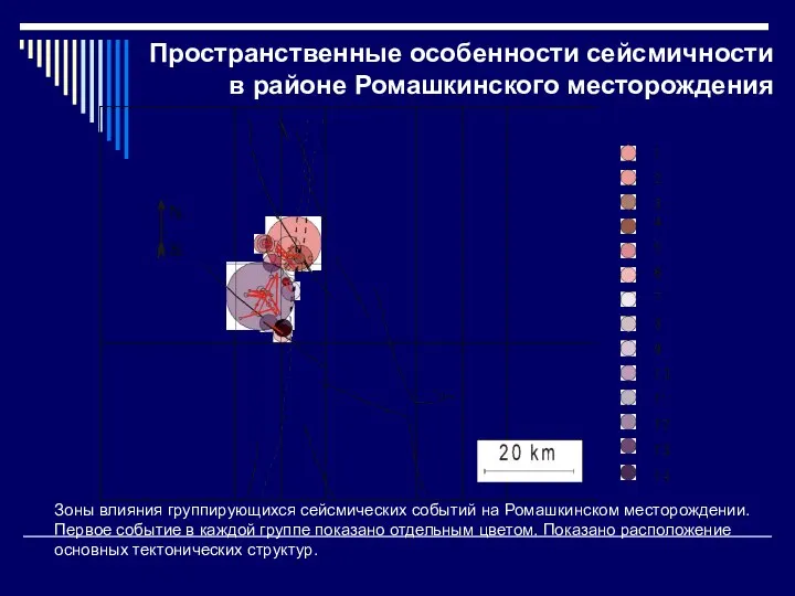 Зоны влияния группирующихся сейсмических событий на Ромашкинском месторождении. Первое событие в