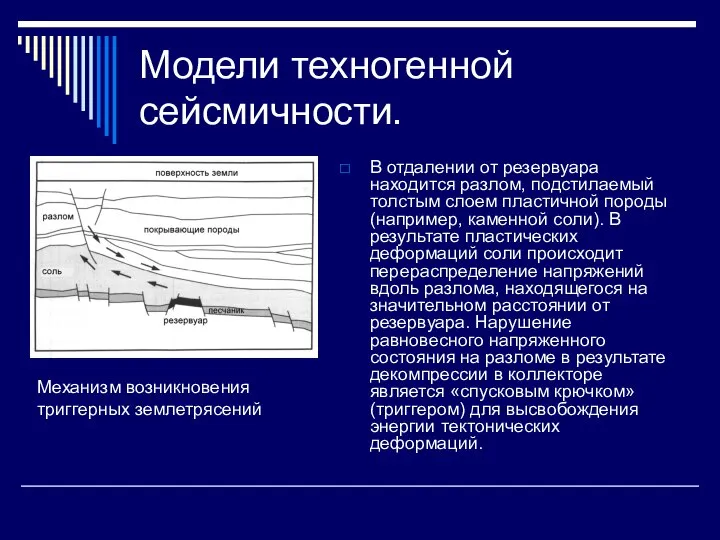 Модели техногенной сейсмичности. В отдалении от резервуара находится разлом, подстилаемый толстым