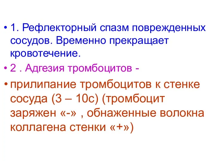 1. Рефлекторный спазм поврежденных сосудов. Временно прекращает кровотечение. 2 . Адгезия