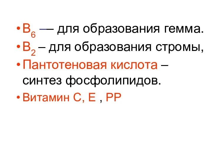 В6 –– для образования гемма. В2 – для образования стромы, Пантотеновая