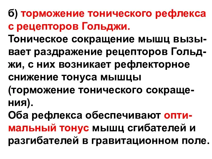 б) торможение тонического рефлекса с рецепторов Гольджи. Тоническое сокращение мышц вызы-