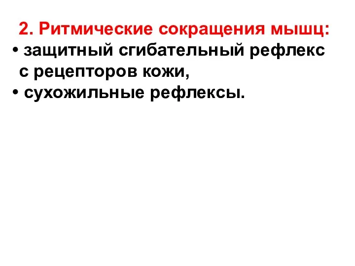 2. Ритмические сокращения мышц: защитный сгибательный рефлекс с рецепторов кожи, сухожильные рефлексы.