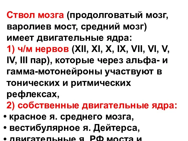 Ствол мозга (продолговатый мозг, варолиев мост, средний мозг) имеет двигательные ядра: