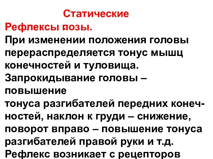 Статические. Рефлексы позы. При изменении положения головы перераспределяется тонус мышц конечностей