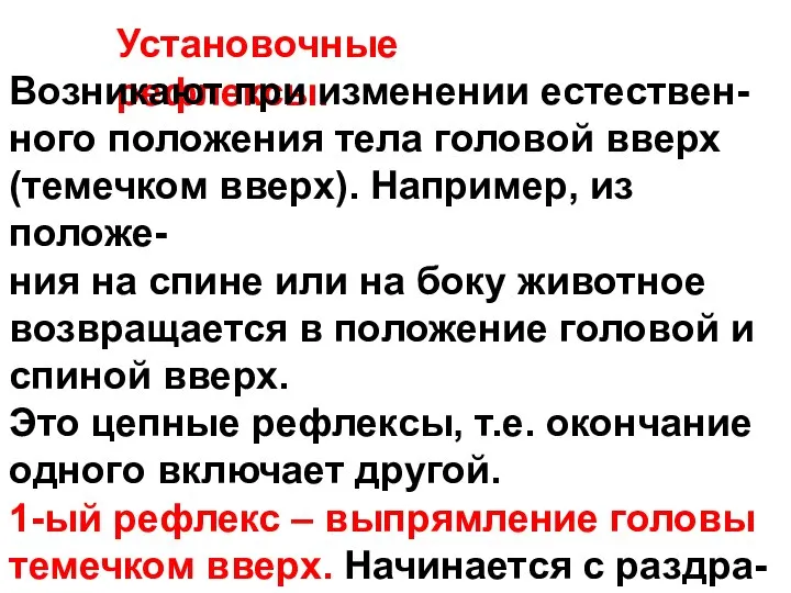 Установочные рефлексы. Возникают при изменении естествен- ного положения тела головой вверх